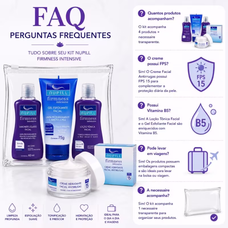 Kit Nupill Firmness Intensive: Creme Facial Antirrugas FPS 15 e Travel Com Sabonete, Gel Esfoliante e Loção Tônica