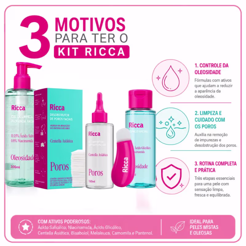 Kit Ricca Facial: Gel De Limpeza Profunda, Desobstrutor de Poros e Tônico Facial