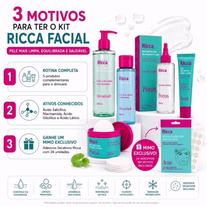 Kit Ricca Facial: Gel De Limpeza Profunda, Desobstrutor de Poros, Tônico, Disco e Gel Secativo + Mimo