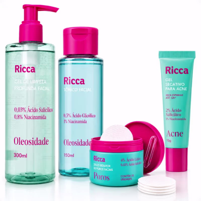 Kit Ricca Facial: Gel De Limpeza Profunda, Tônico, Disco Redutor de Poros e Gel Secativo