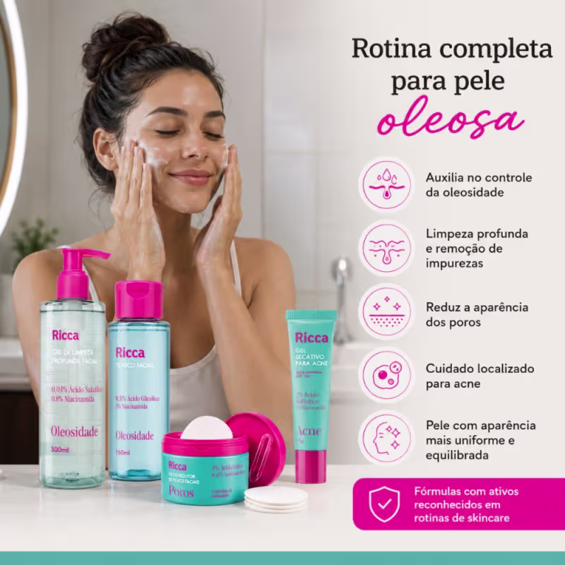Kit Ricca Facial: Gel De Limpeza Profunda, Tônico, Disco Redutor de Poros e Gel Secativo
