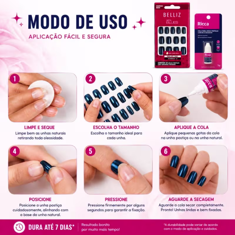 Kit Belliz: Unhas Postiças Quadrado Curto Metal Blues e Cola De Unhas Ricca 5g