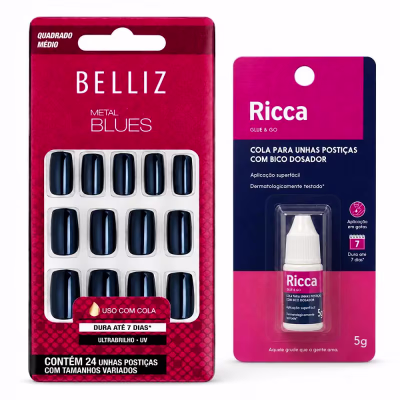 Kit Belliz: Unhas Postiças Quadrado Curto Metal Blues e Cola De Unhas Ricca 5g