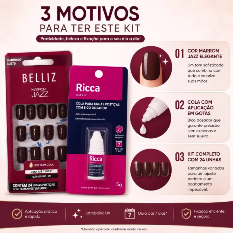 Kit Belliz: Unhas Postiças Quadrado Curto Marrom Jazz e Cola De Unhas Ricca 5g