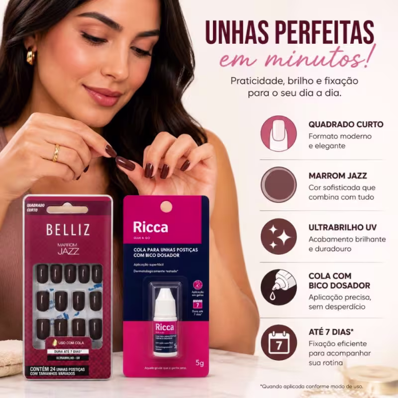 Kit Belliz: Unhas Postiças Quadrado Curto Marrom Jazz e Cola De Unhas Ricca 5g