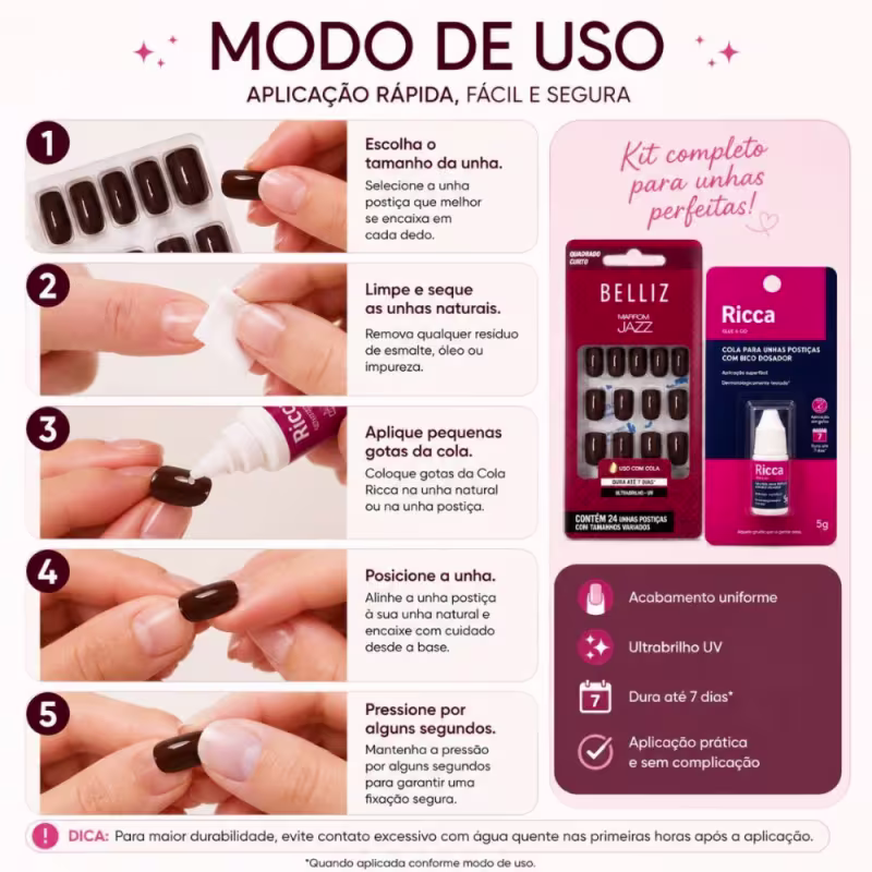 Kit Belliz: Unhas Postiças Quadrado Curto Marrom Jazz e Cola De Unhas Ricca 5g