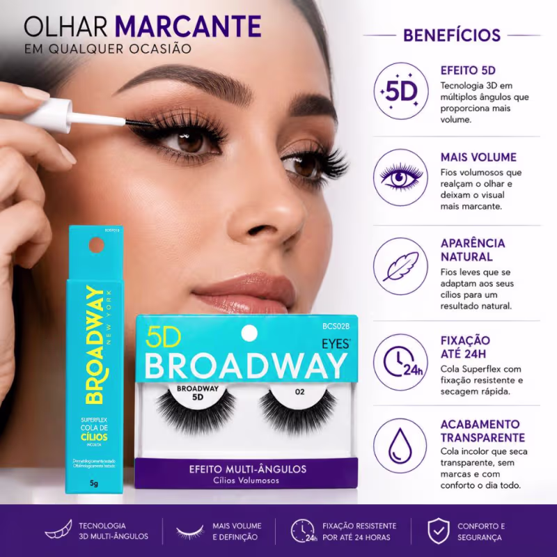 Kit Broadway Kiss New York: Cílios Postiços 5d 02 Bcs02b e Cola Para Cílios