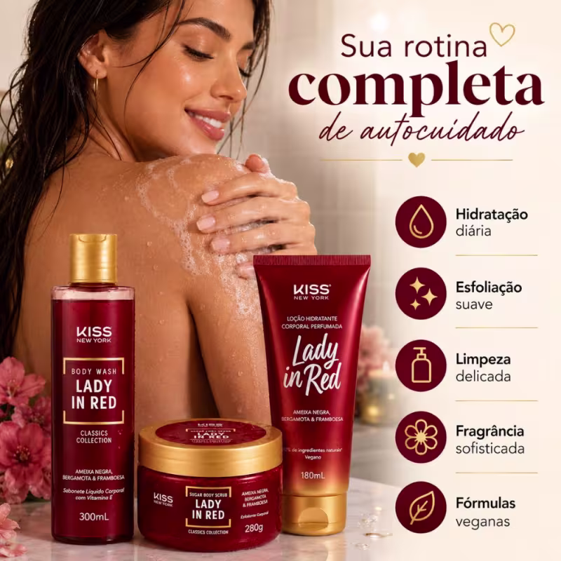 Kit Kiss New York Lady In Red:Sabonete Líquido 300ml, Esfoliante 280g e Loção hidratante 180ml