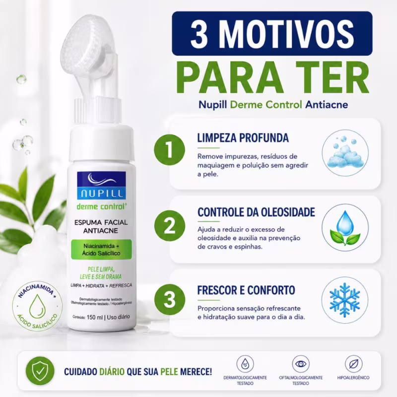 Espuma Facial Antiacne Nupill Derme Control Niacinamida e Ácido Salicílico 150ml