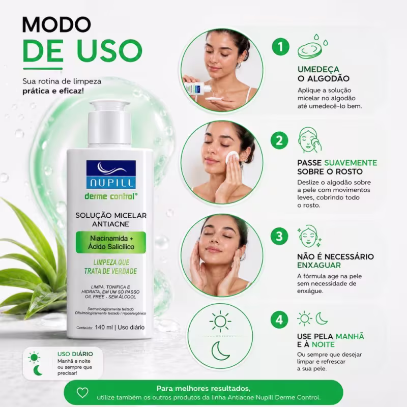 Solução Micelar Antiacne Nupill Derme Control Niacinamida e Ácido Salicílico 140ml