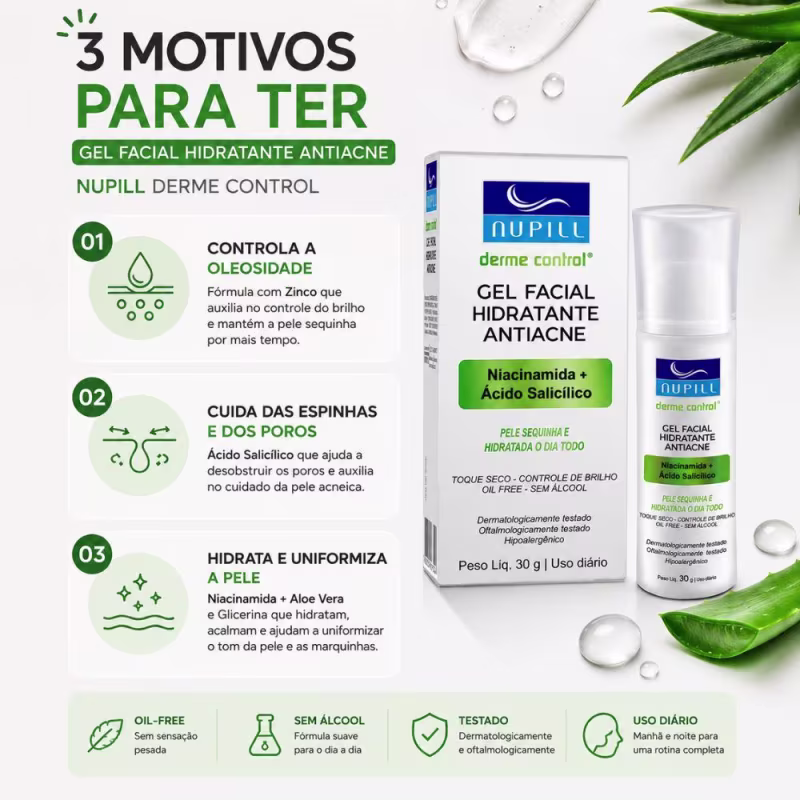 Gel Facial Hidratante Antiacne Nupill Derme Control Niacinamida e Ácido Salicílico 30g
