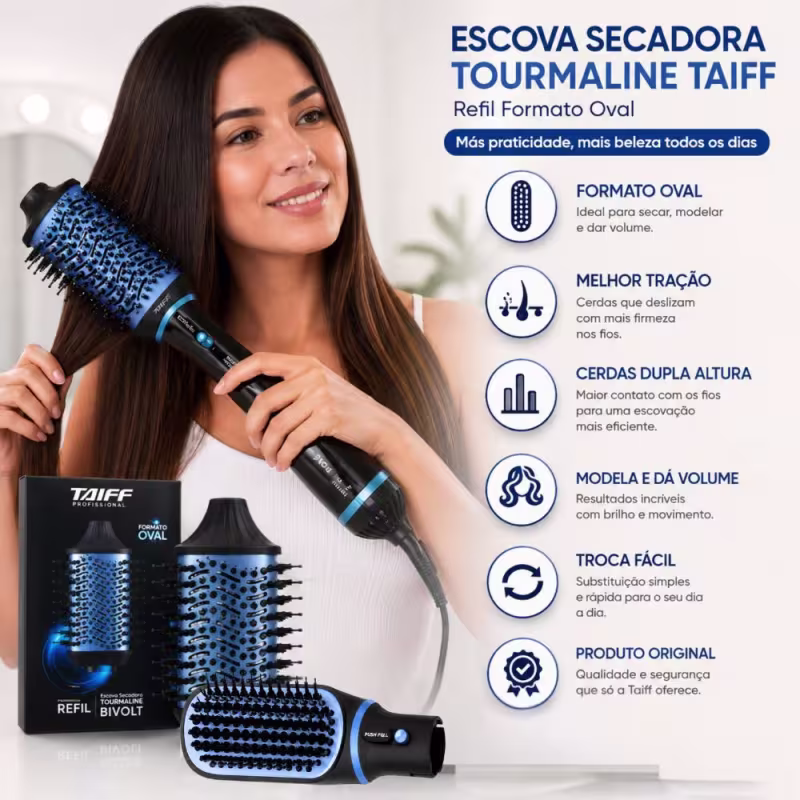 Kit Refil Escova Secadora Taiff Tourmaline: Refil Formato Oval e Refil Formato Raquete Azul