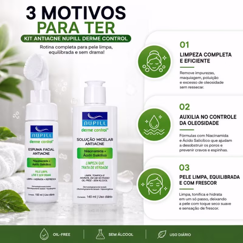 Kit Nupill Derme Control Antiacne: Espuma Facial 150ml e Solução Micelar 140ml