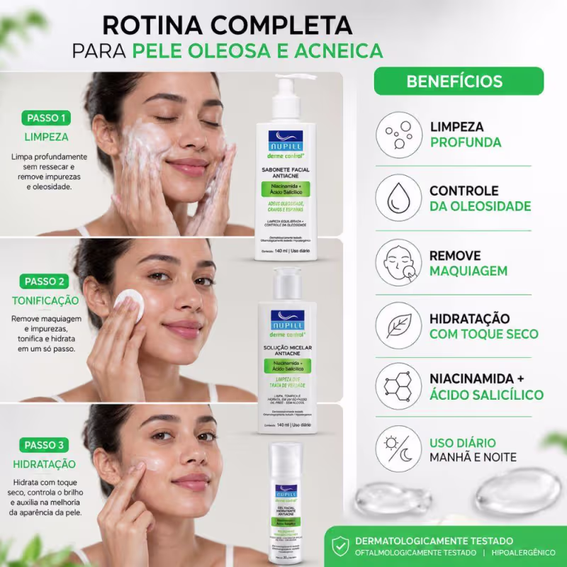 Kit Nupill Derme Control Antiacne: Sabonete Facial 140ml, Solução Micelar 140ml e Gel Facial 30g