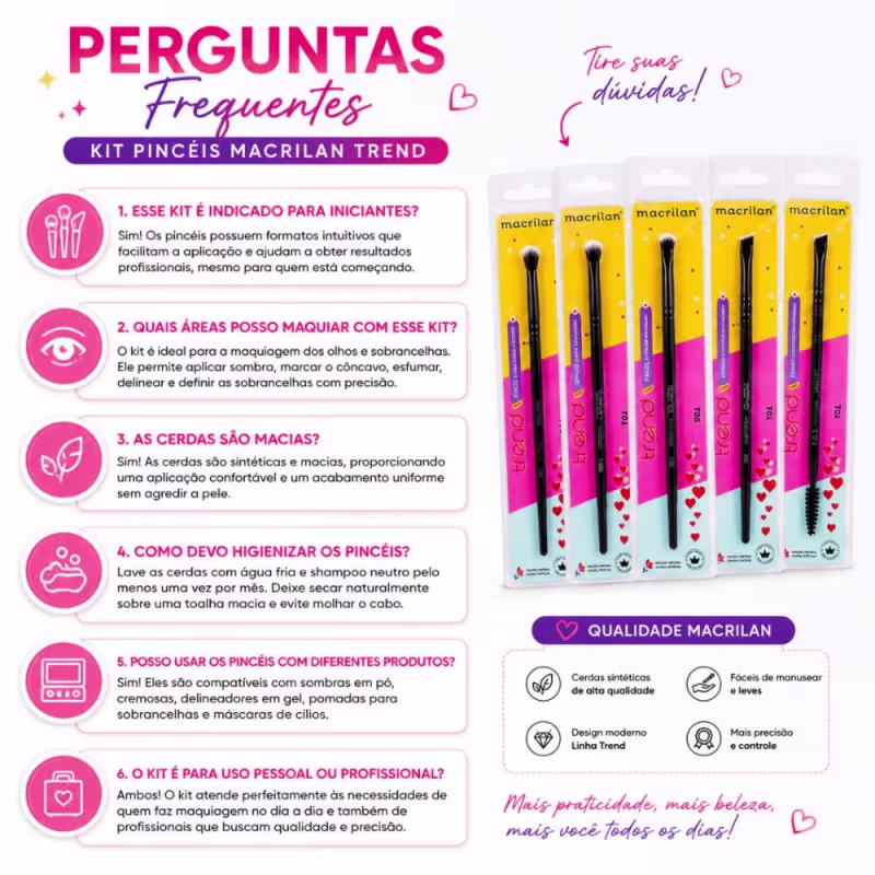Kit Pincéis Macrilan Trend: Sombra, Duplo Chanfrado e Escova, Esfumar, Delinear e Côncavo