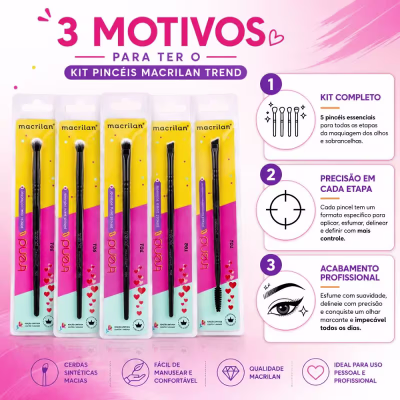 Kit Pincéis Macrilan Trend: Sombra, Duplo Chanfrado e Escova, Esfumar, Delinear e Côncavo