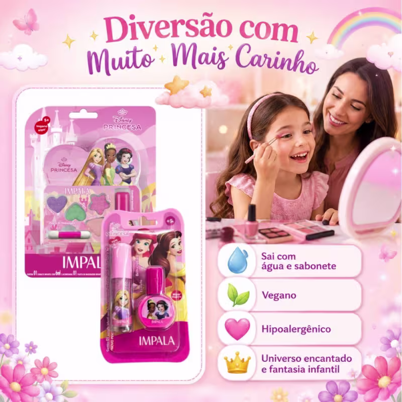 Kit Impala Disney Princesas: Kit De Maquiagem Infantil, Kit Brilho Labial e Esmalte Infantil 6ml