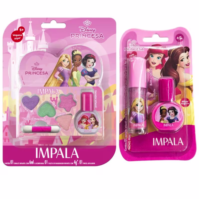 Kit Impala Disney Princesas: Kit De Maquiagem Infantil, Kit Brilho Labial e Esmalte Infantil 6ml