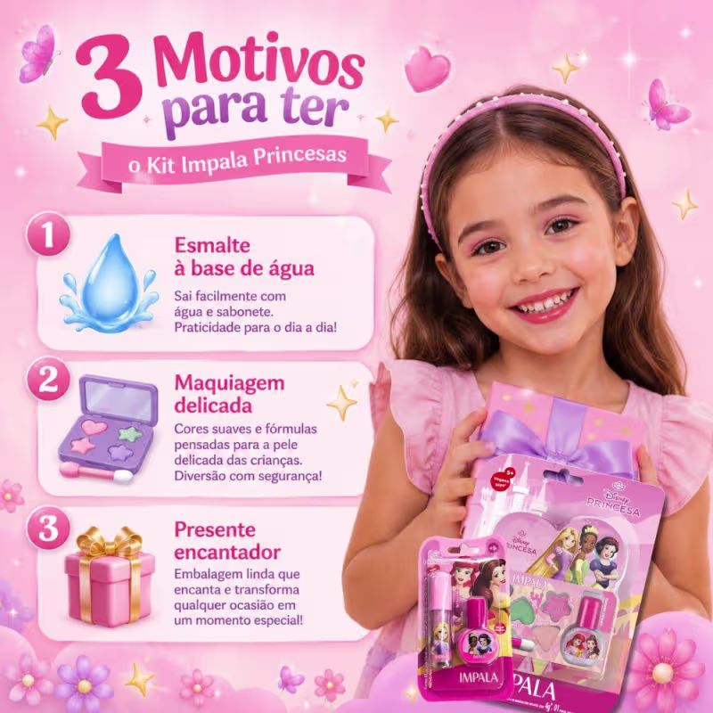 Kit Impala Disney Princesas: Kit De Maquiagem Infantil, Kit Brilho Labial e Esmalte Infantil 6ml