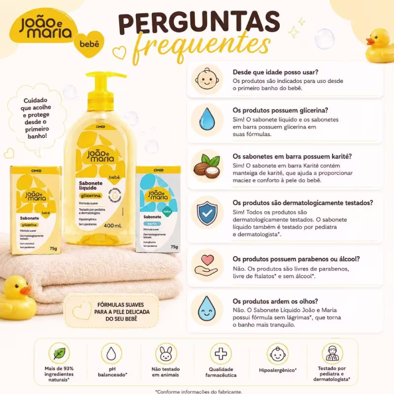 Kit Cimed João e Maria Baby Glicerina: Sabonete Líquido 400ml, Sabonete Em Barra Glicerina e Sabonete Em Barra Karíite 75g
