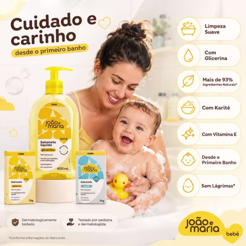 Kit Cimed João e Maria Baby Glicerina: Sabonete Líquido 400ml, Sabonete Em Barra Glicerina e Sabonete Em Barra Karíite 75g