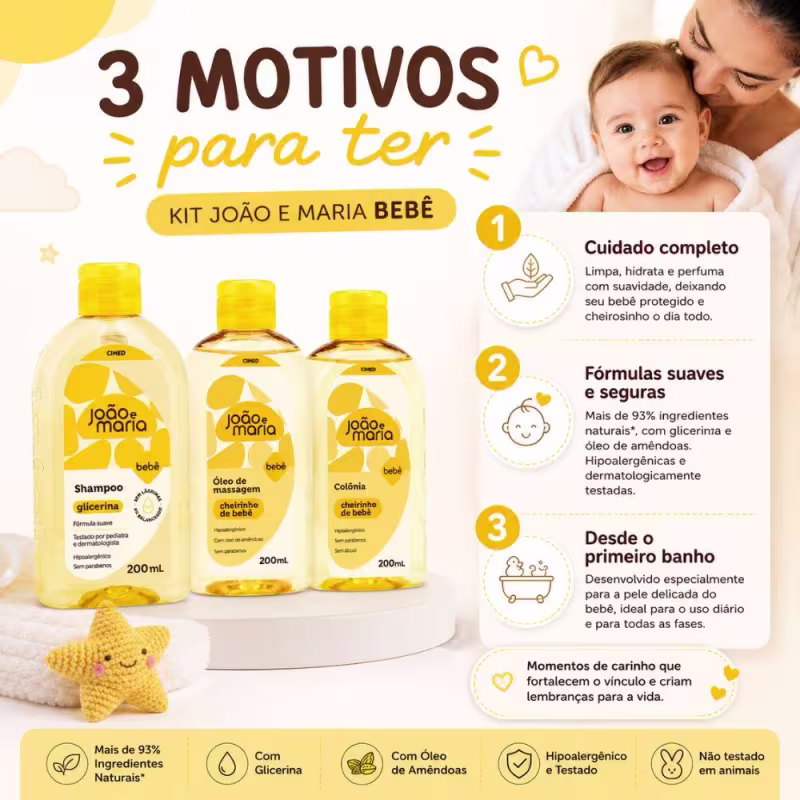 Kit Cimed João e Maria Baby Glicerina: Shampoo, Óleo de Massagem e Colônia 200ml
