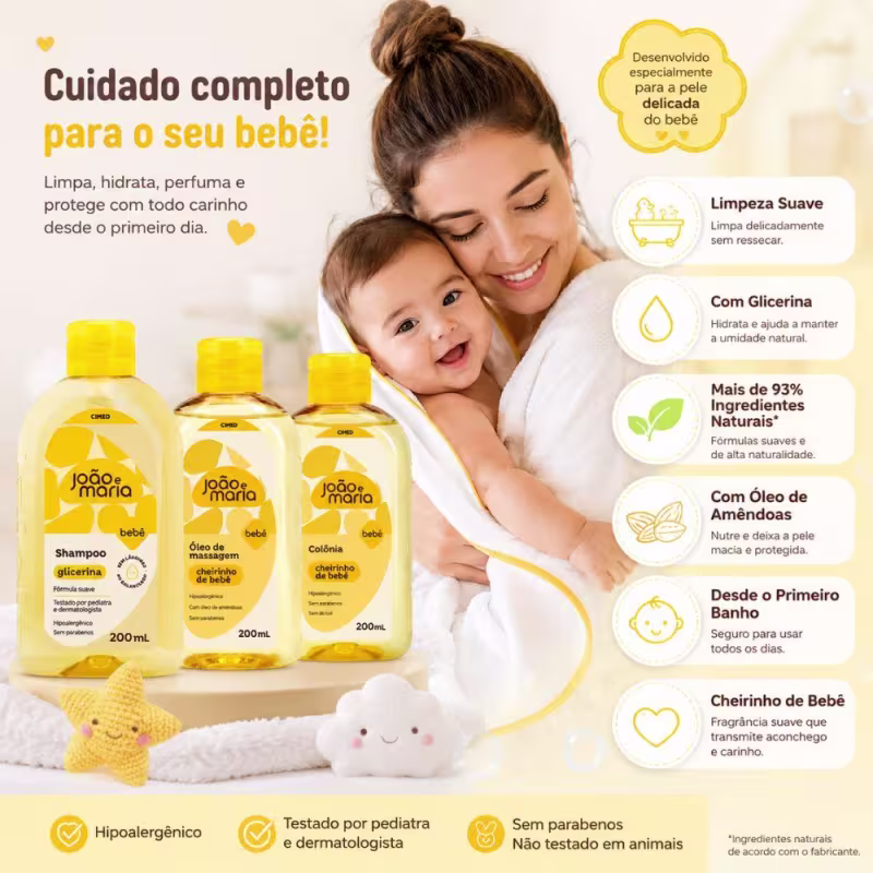 Kit Cimed João e Maria Baby Glicerina: Shampoo, Óleo de Massagem e Colônia 200ml