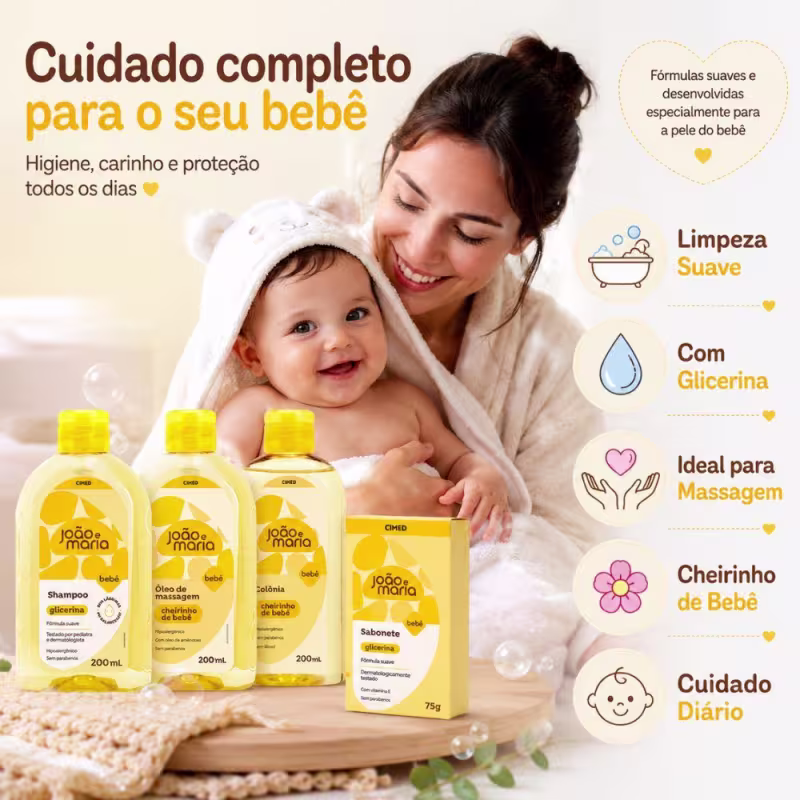 Kit Cimed João e Maria Baby Glicerina: Shampoo, Óleo De Massagem, Colônia 200ml e Sabonete Em Barra 75g
