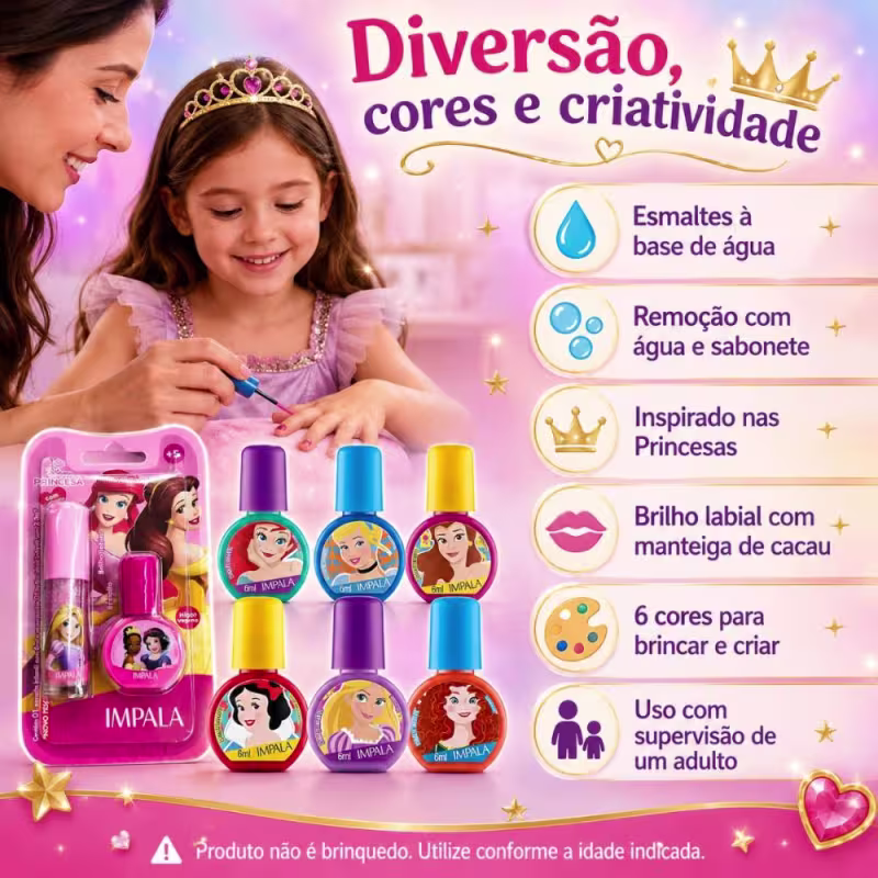 Kit Impala Disney Princesas: Kit Esmalte + Brilho Labial Infantil E 6 Esmaltes 6ml