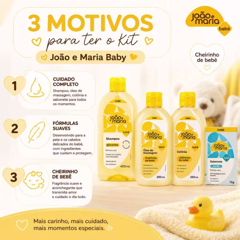 Kit Cimed João e Maria Baby: Shampoo 400ml, Óleo De Massagem, Colônia 200ml e Sabonete Em Barra Karité 75g