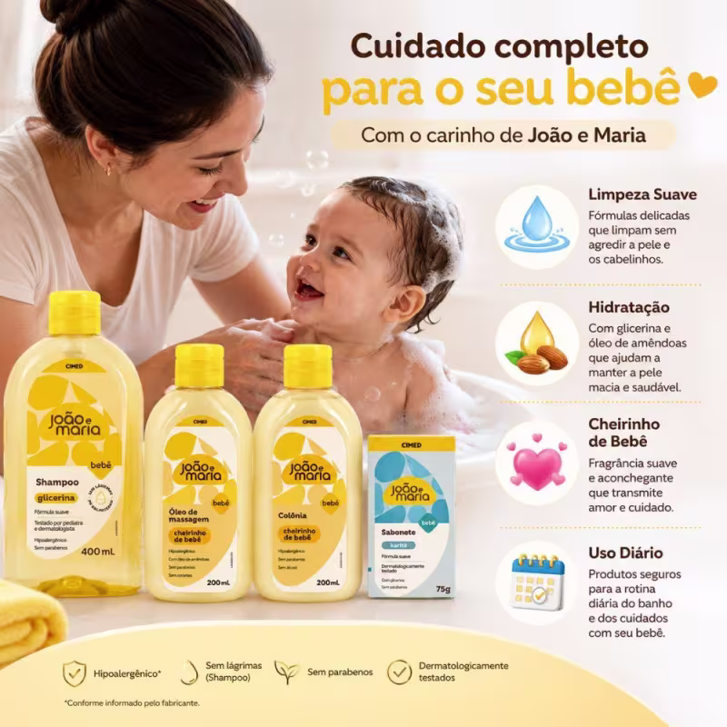 Kit Cimed João e Maria Baby: Shampoo 400ml, Óleo De Massagem, Colônia 200ml e Sabonete Em Barra Karité 75g