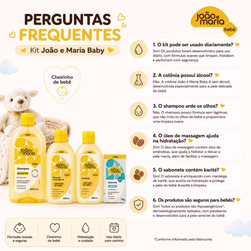 Kit Cimed João e Maria Baby: Shampoo 400ml, Óleo De Massagem, Colônia 200ml e Sabonete Em Barra Karité 75g