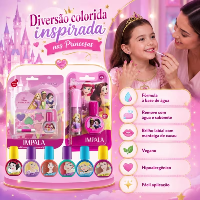 Kit Impala Disney Princesas: Kit De Maquiagem + 8 Esmaltes Infantil De 6ml e Brilho Labial