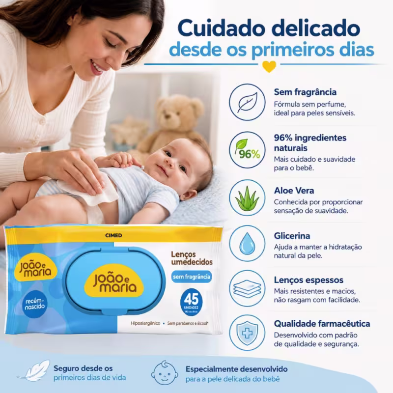 Lenços Umedecidos Recém-Nascido Cimed João e Maria Sem Fragrância Com 45 Unidades