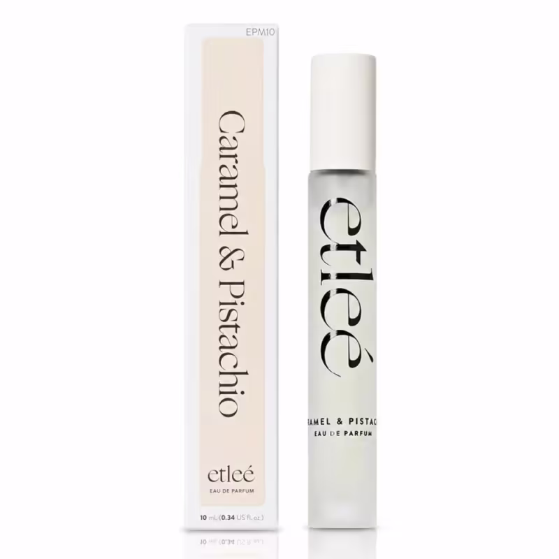 Frasco de perfume Etleé, contendo 10 ml de "Caramel & Pistachio" Eau de Parfum. Caixa retangular ao lado