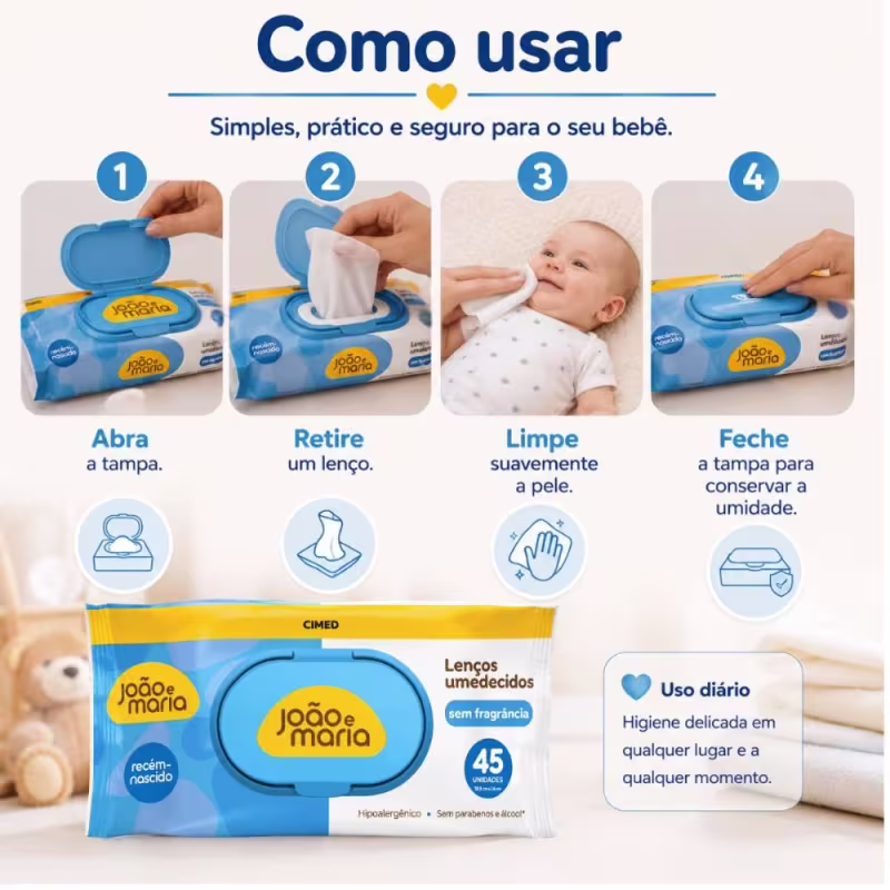 Kit Cimed João e Maria Baby Récem-nascido: 6 Pacotes Lenço Umedecido 45 un cada
