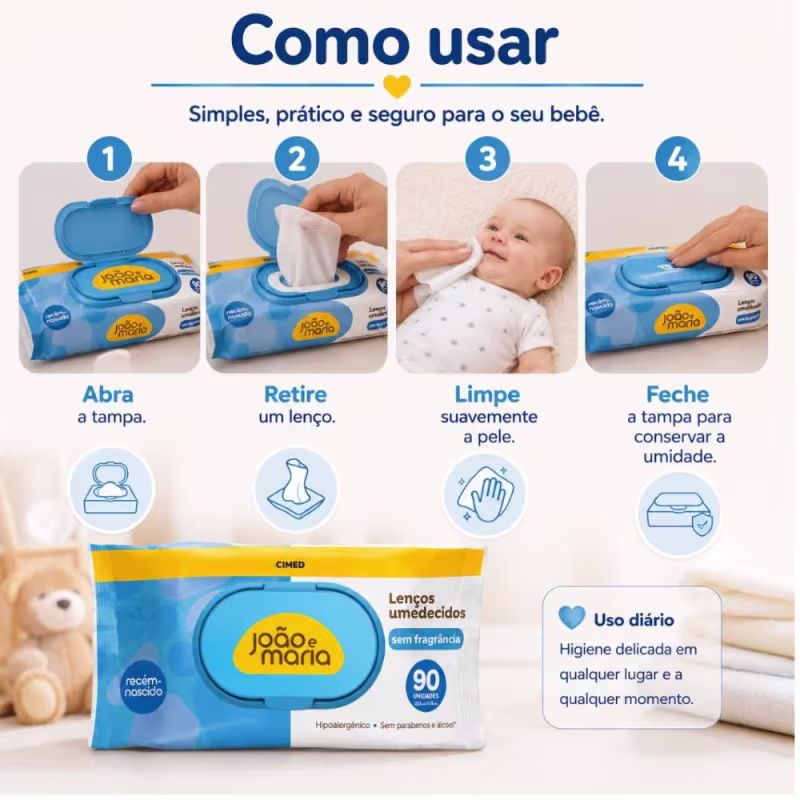 Kit Cimed João e Maria Baby Récem-nascido: 3 Pacotes Lenço Umedecido 90 un cada