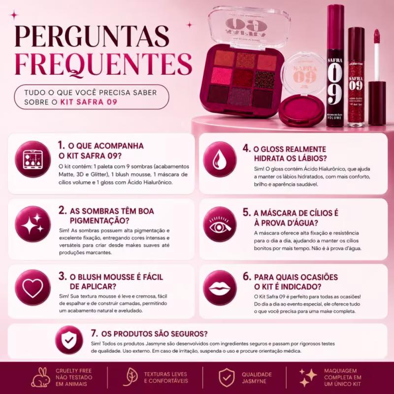 Kit Jasmyne Safra 09: Paleta De Sombras + Blush Mousse Rosado, Máscara De Cílios E Hidra Gloss Frambroesa