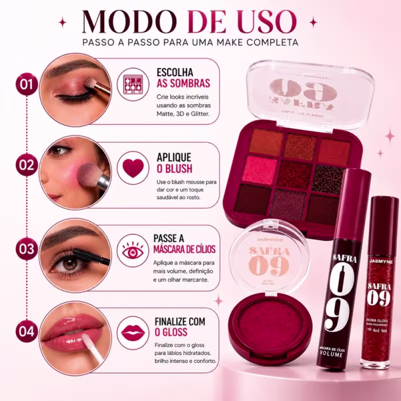 Kit Jasmyne Safra 09: Paleta De Sombras + Blush Mousse Rosado, Máscara De Cílios E Hidra Gloss Frambroesa
