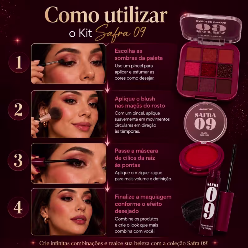 Kit Jasmyne Safra 09: Paleta De Sombras, Blush Vermelho, E Máscara