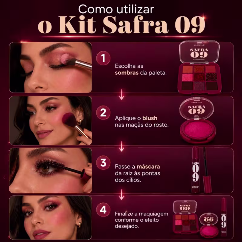 Kit Jasmyne Safra 09: Paleta De Sombras, Blush Pink Rosado, E Máscara