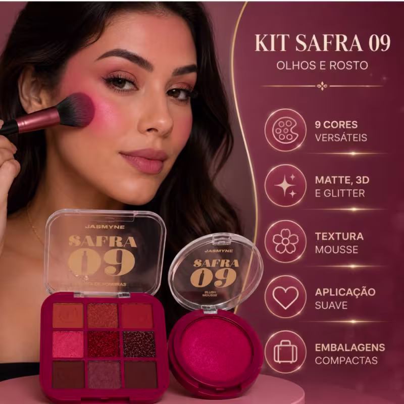 Kit Jasmyne Safra 09: Paleta De Sombras E Blush Pink Rosado