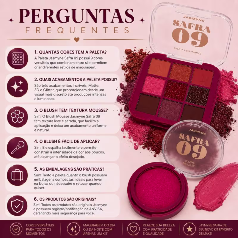 Kit Jasmyne Safra 09: Paleta De Sombras E Blush Pink Rosado