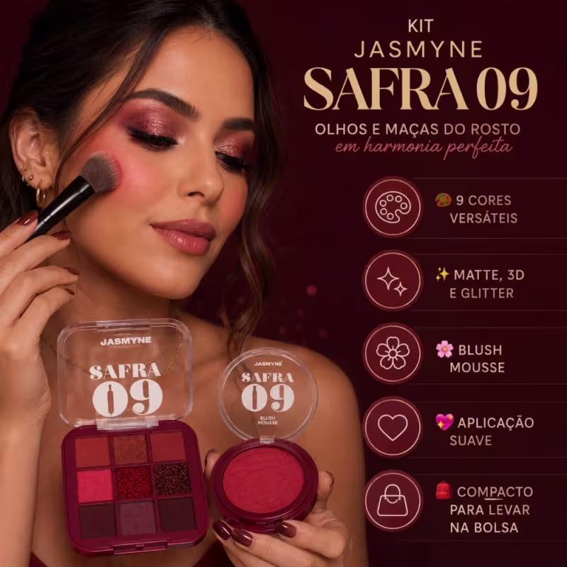 Kit Jasmyne Safra 09: Paleta De Sombras E Blush Vermelho Tinto