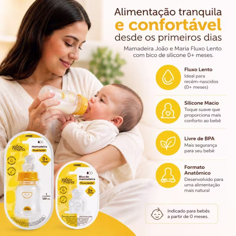 Kit Cimed João e Maria Baby: Mamadeira Fluxo Lento 120ml e Bico extra Para 0+Meses