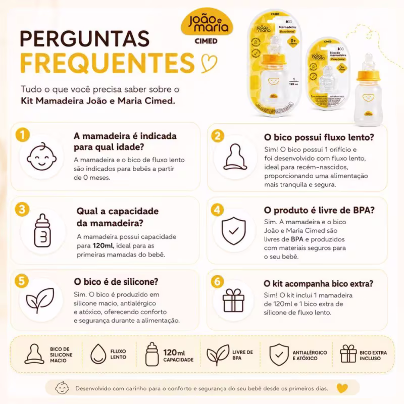 Kit Cimed João e Maria Baby: Mamadeira Fluxo Lento 120ml e Bico extra Para 0+Meses