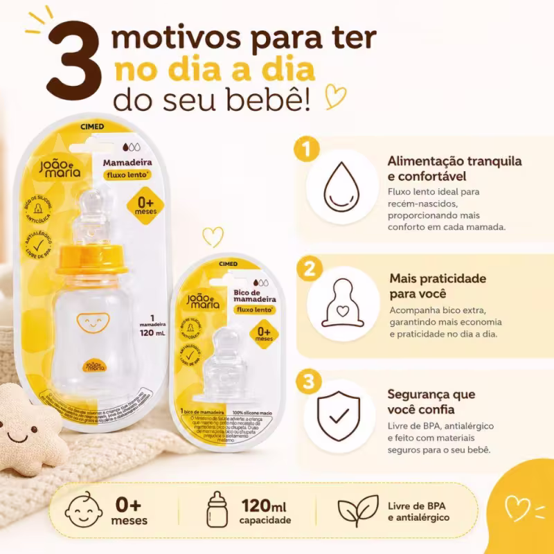 Kit Cimed João e Maria Baby: Mamadeira Fluxo Lento 120ml e Bico extra Para 0+Meses