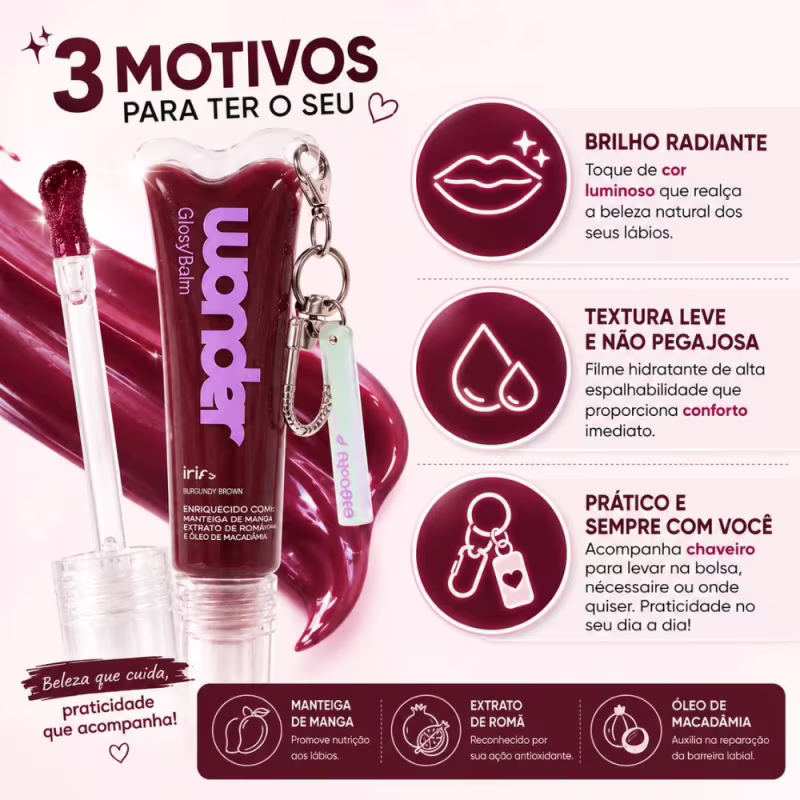 Glossy Balm Ruby Rose Wonder Iris Burgundy Brown Com Chaveiro Hb-l6413-3