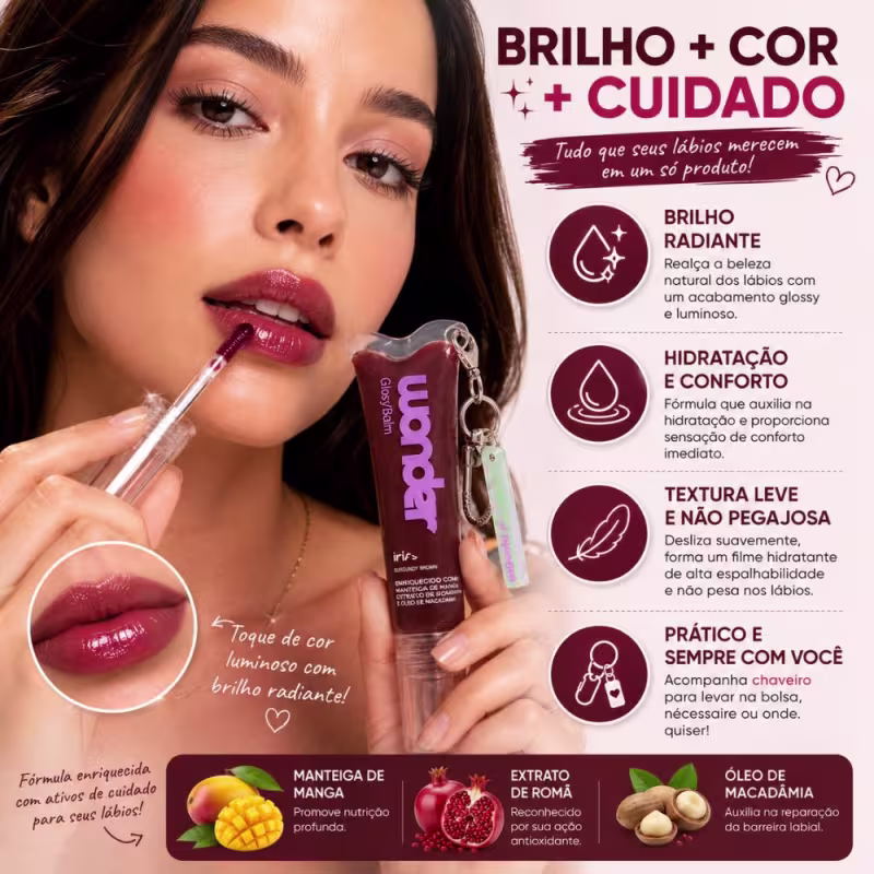 Glossy Balm Ruby Rose Wonder Iris Burgundy Brown Com Chaveiro Hb-l6413-3