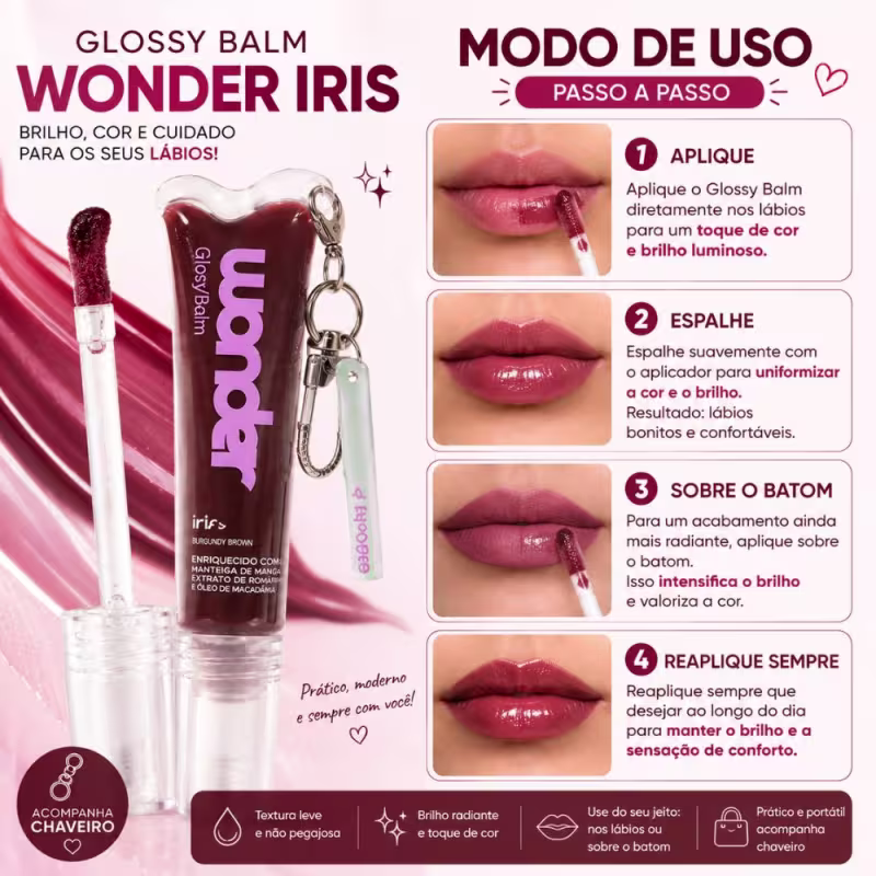 Glossy Balm Ruby Rose Wonder Iris Burgundy Brown Com Chaveiro Hb-l6413-3